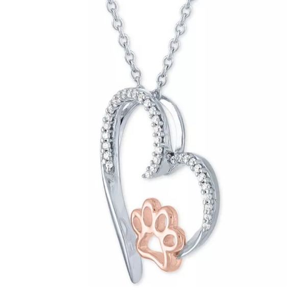 Sterling Silver Necklace Diamond Encrusted Heart & 14k Rose Gold Paw Pendant NWT - Picture 3 of 16